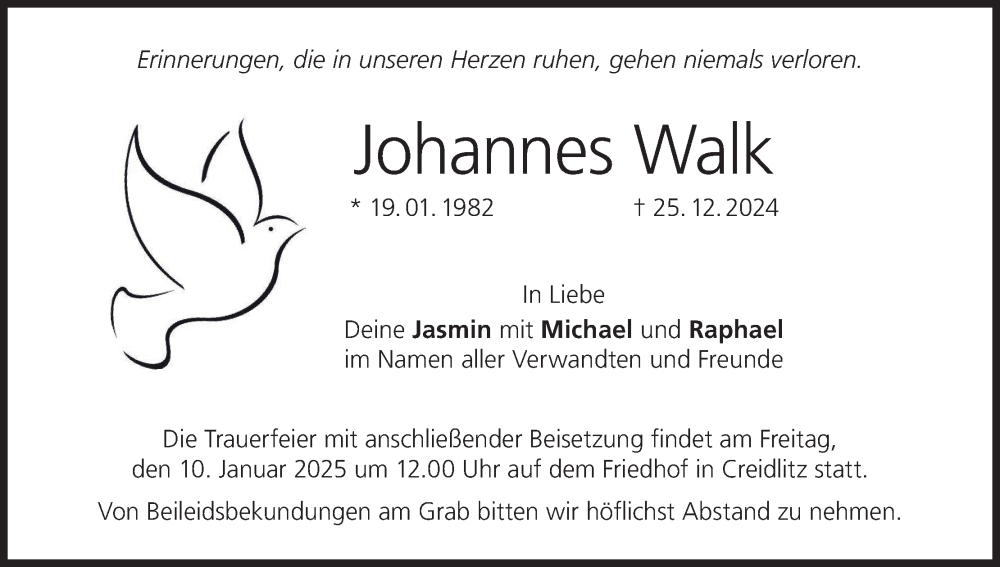  Traueranzeige für Johannes Walk vom 08.01.2025 aus MGO