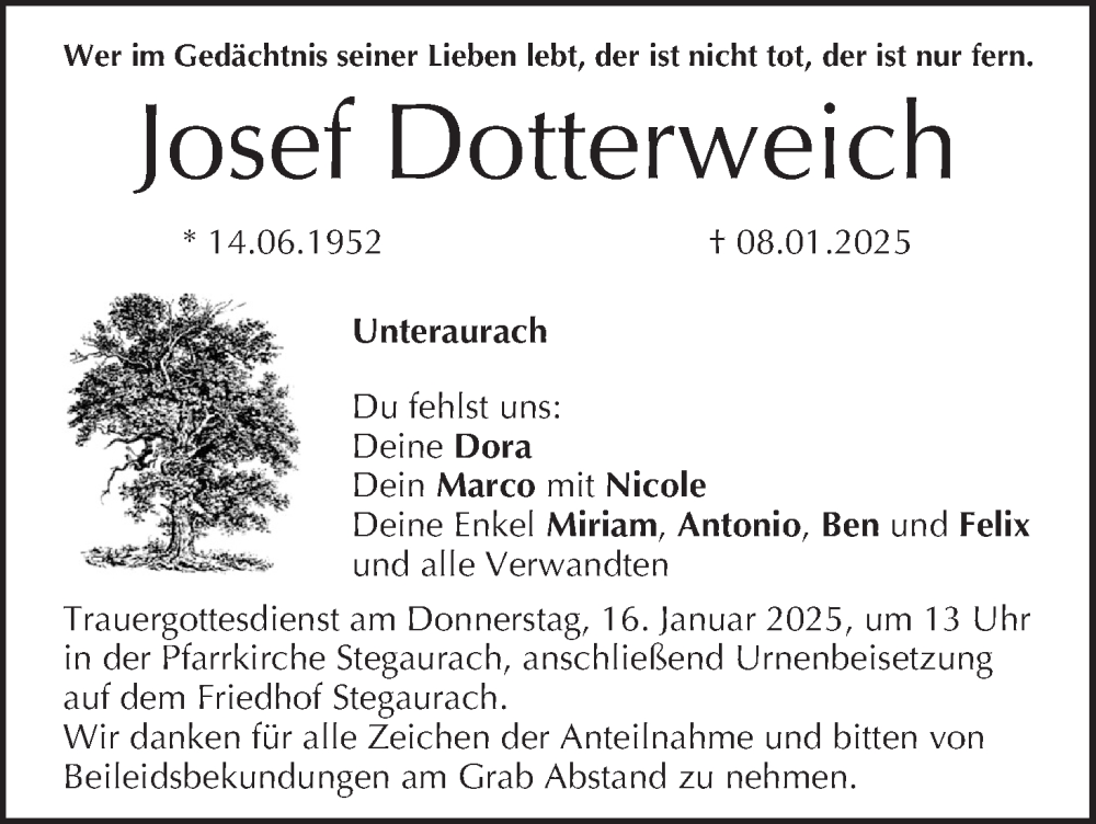  Traueranzeige für Josef Dotterweich vom 11.01.2025 aus MGO