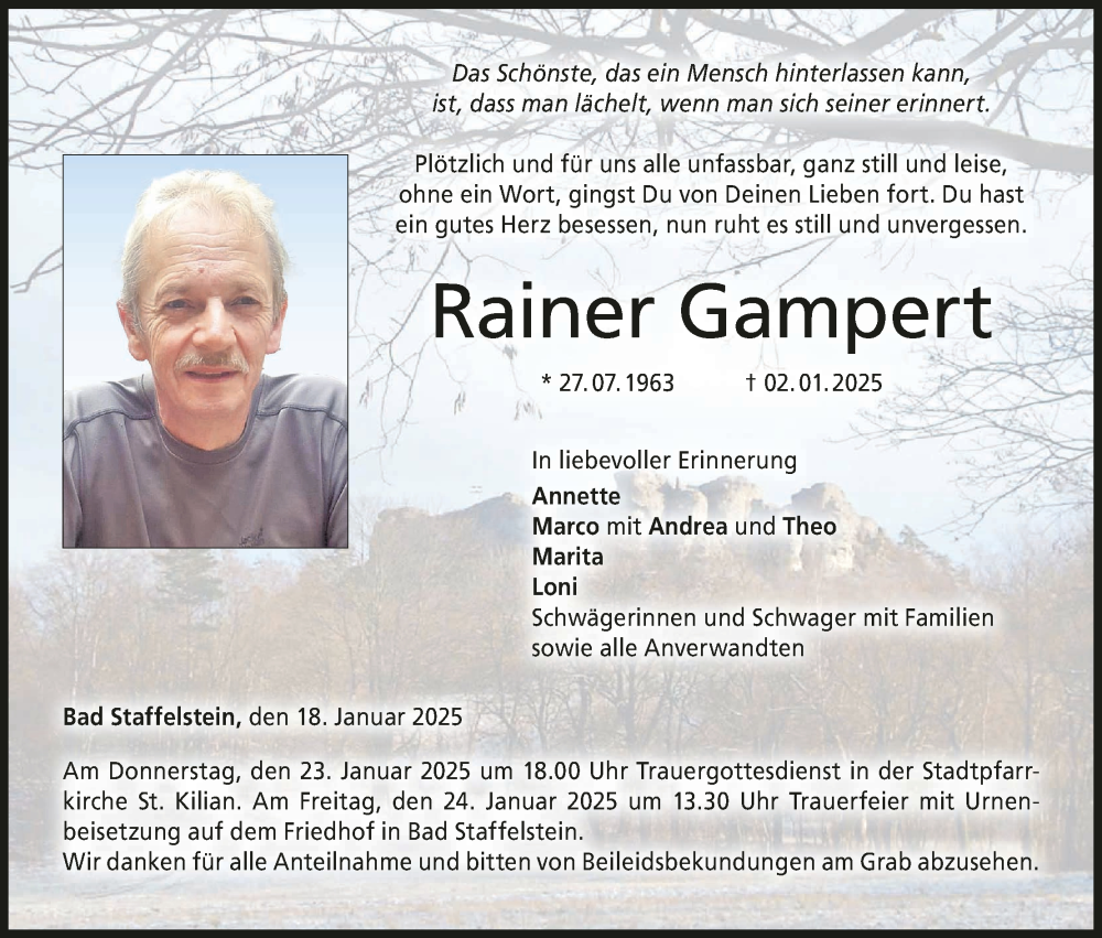  Traueranzeige für Rainer Gampert vom 18.01.2025 aus MGO