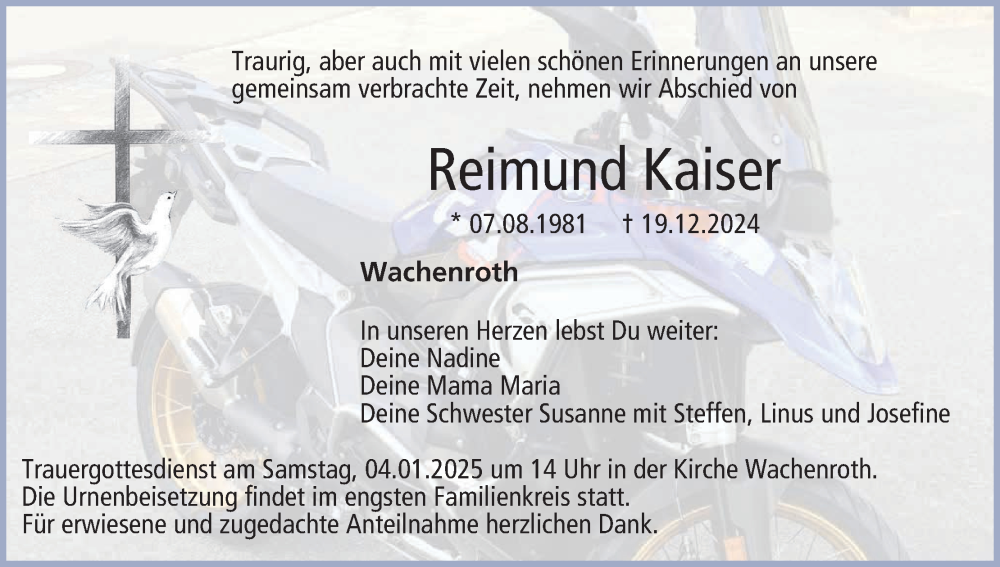  Traueranzeige für Reimund Kaiser vom 03.01.2025 aus MGO