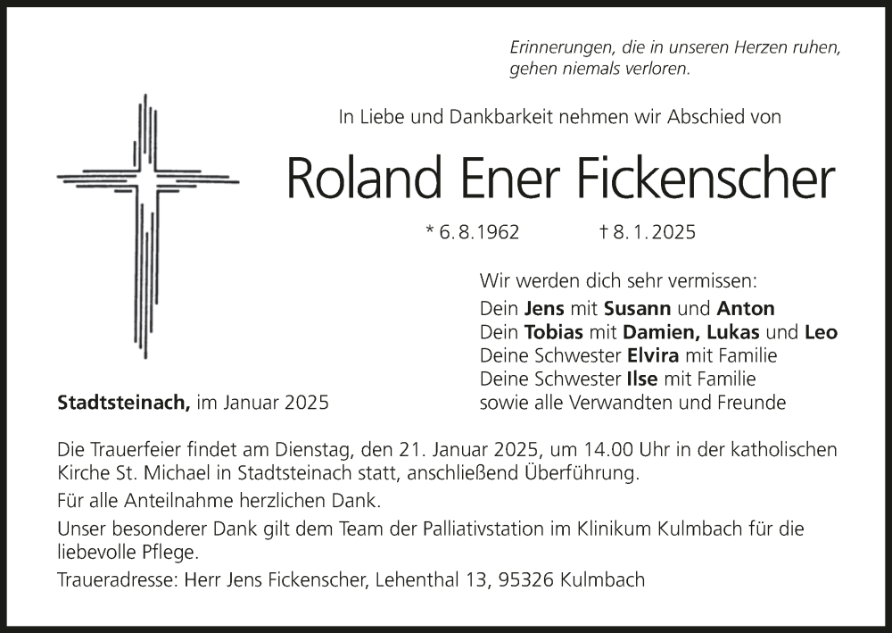  Traueranzeige für Roland Ener Fickenscher vom 15.01.2025 aus MGO