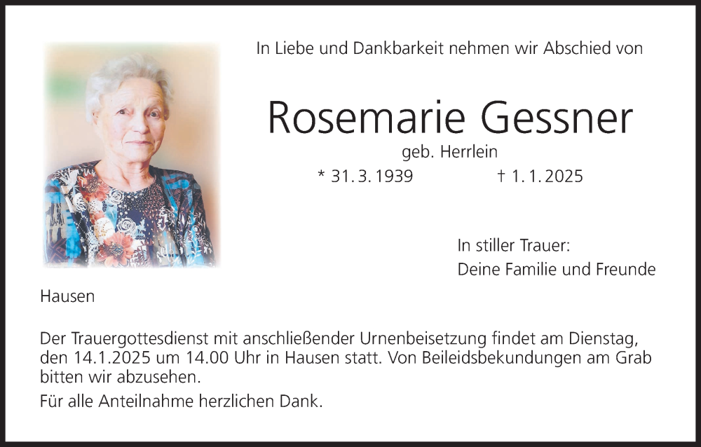  Traueranzeige für Rosemarie Gessner vom 11.01.2025 aus MGO