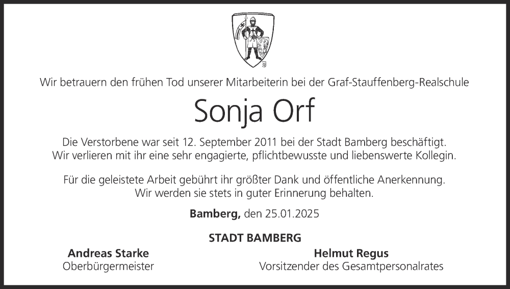  Traueranzeige für Sonja Orf vom 25.01.2025 aus MGO