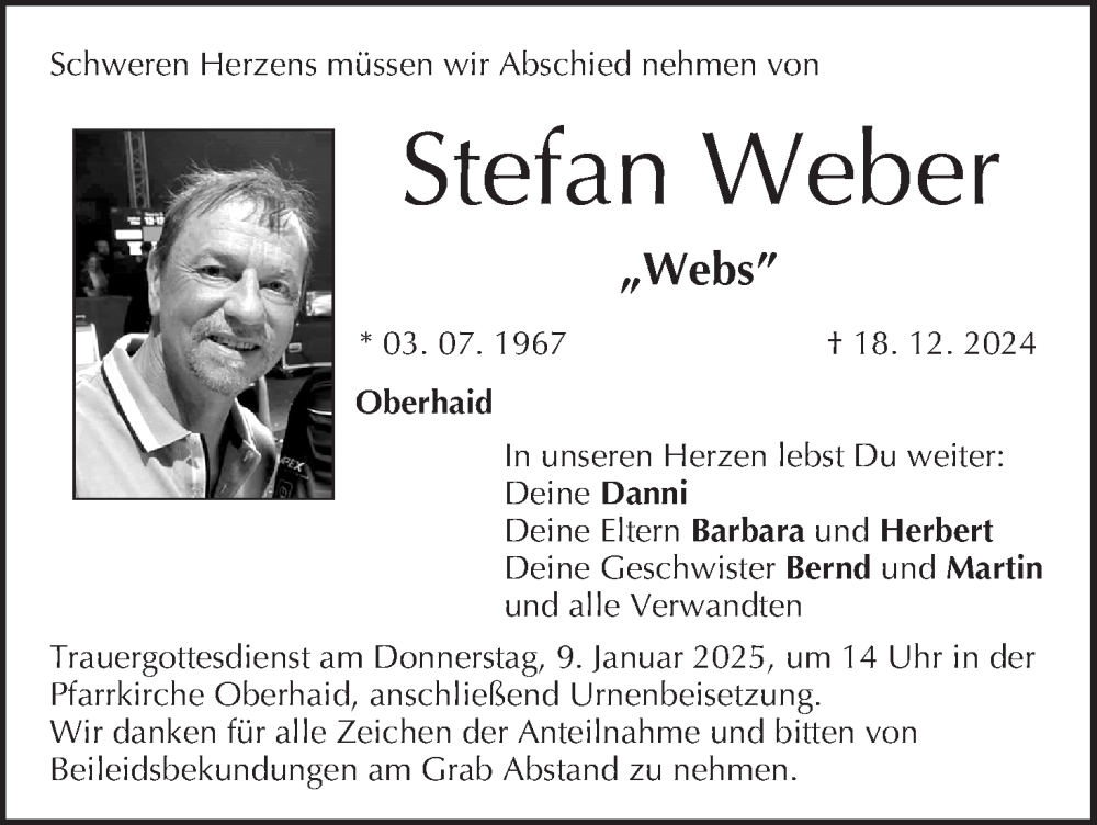  Traueranzeige für Stefan Weber vom 04.01.2025 aus MGO