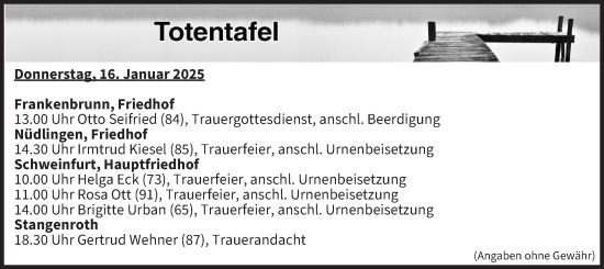 Anzeige von Sterbetafel vom 16.01.2025 von MGO