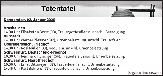 Anzeige von Totentafel vom 02.01.2025 von MGO