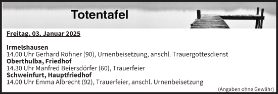 Anzeige von Totentafel vom 03.01.2025 von MGO