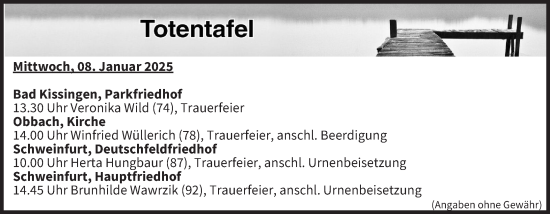 Anzeige von Totentafel vom 08.01.2025 von MGO