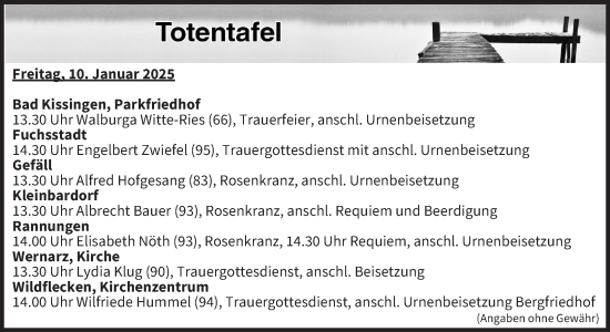 Anzeige von Totentafel vom 10.01.2025 von MGO