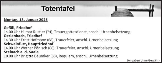 Anzeige von Totentafel vom 13.01.2025 von MGO