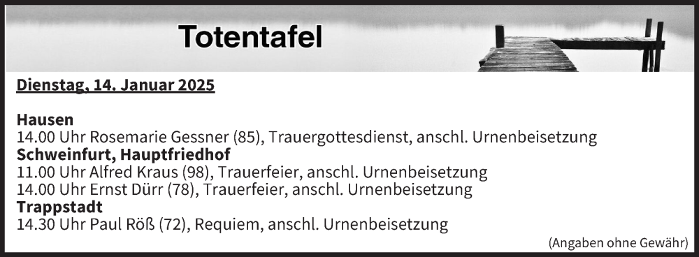  Traueranzeige für Totentafel vom 14.01.2025 vom 14.01.2025 aus MGO