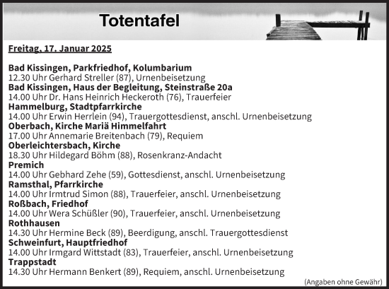 Anzeige von Totentafel vom 17.01.2025 von MGO