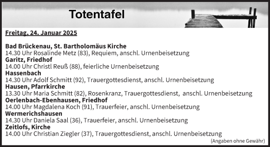 Anzeige von Totentafel vom 24.01.2025 von MGO