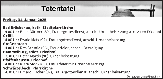 Anzeige von Totentafel vom 31.01.2025 von MGO