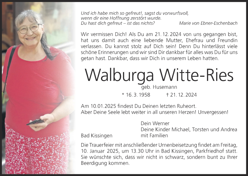  Traueranzeige für Walburga Witte-Ries vom 04.01.2025 aus MGO