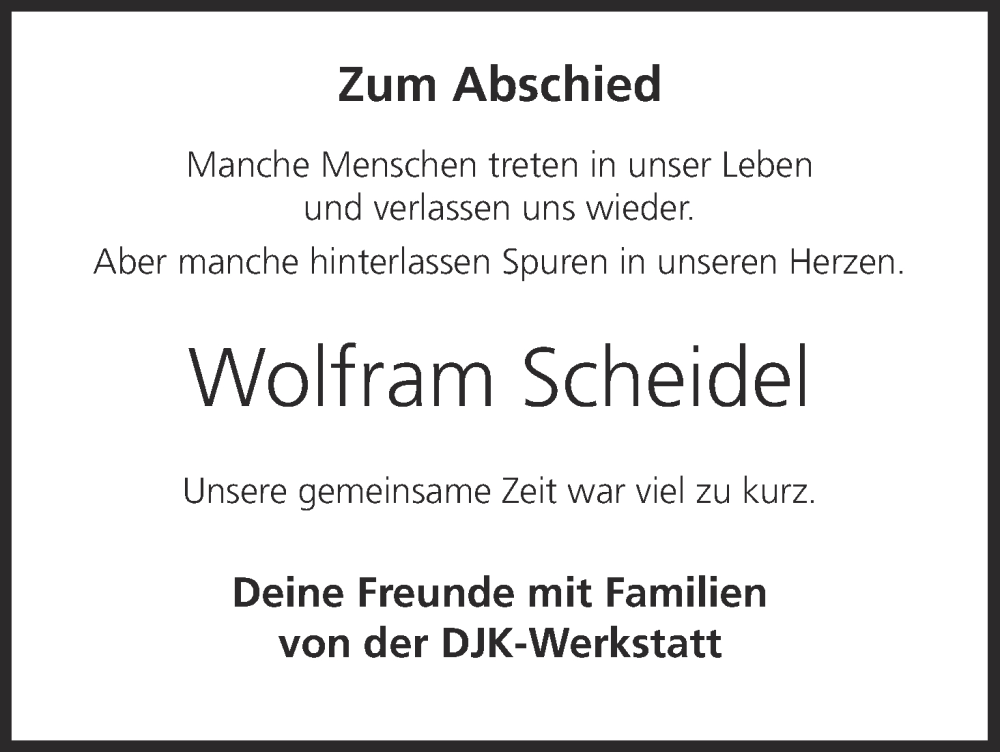  Traueranzeige für Wolfram Scheidel vom 11.01.2025 aus MGO