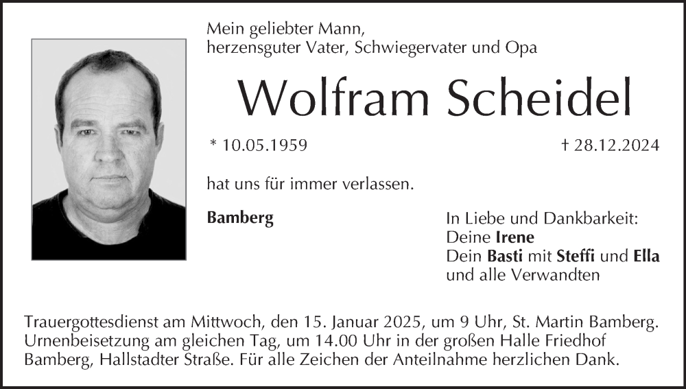  Traueranzeige für Wolfram Scheidel vom 11.01.2025 aus MGO