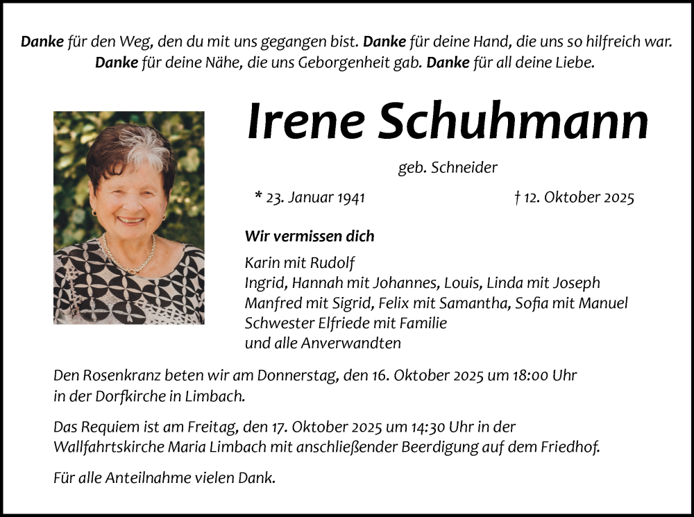  Traueranzeige für Irene Schuhmann vom 15.10.2025 aus MGO