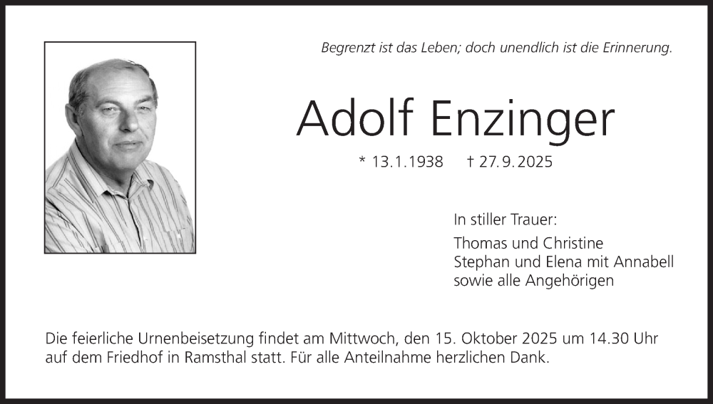  Traueranzeige für Adolf Enzinger vom 11.10.2025 aus MGO