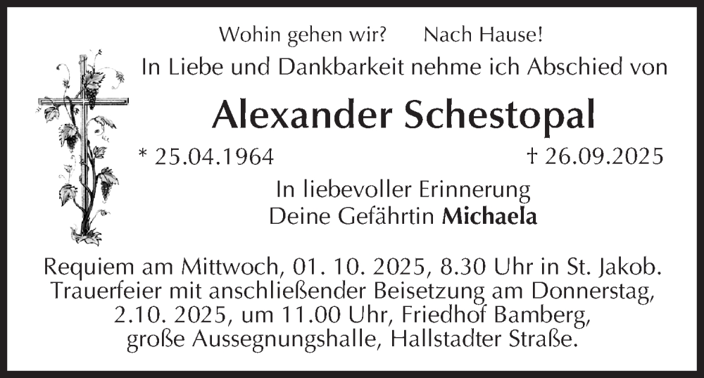  Traueranzeige für Alexander Schestopal vom 30.09.2025 aus MGO