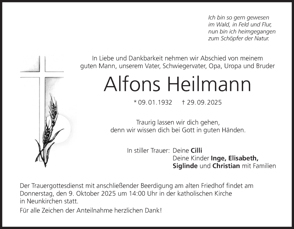  Traueranzeige für Alfons Heilmann vom 06.10.2025 aus MGO