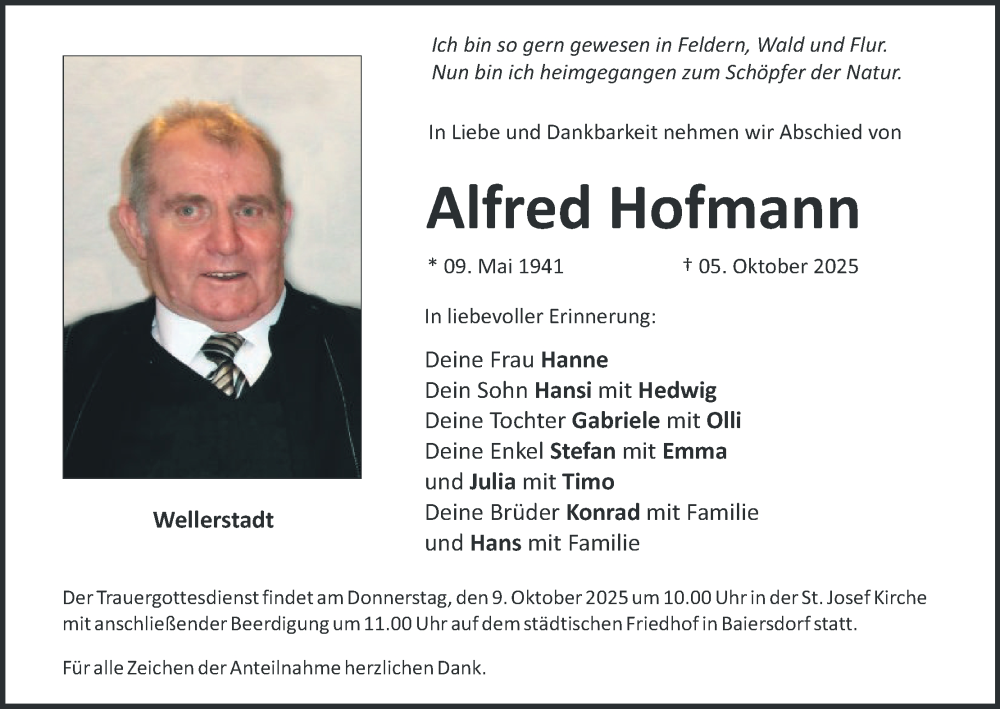  Traueranzeige für Alfred Hofmann vom 08.10.2025 aus MGO