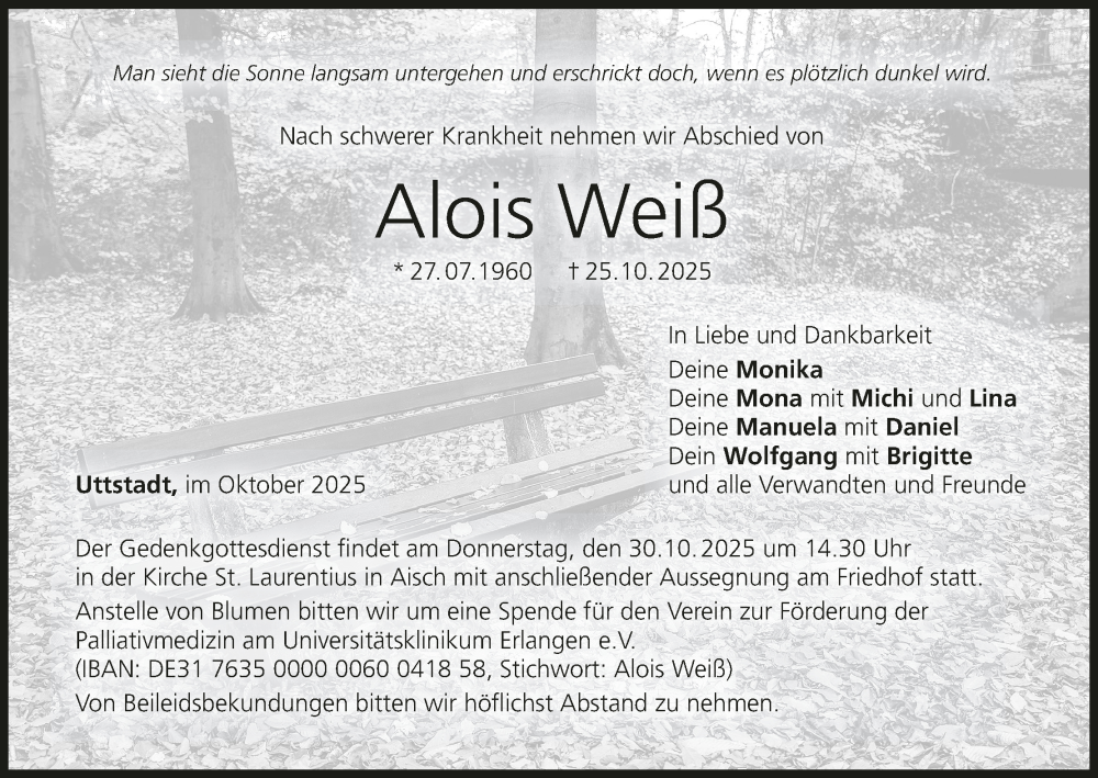  Traueranzeige für Alois Weiß vom 29.10.2025 aus MGO