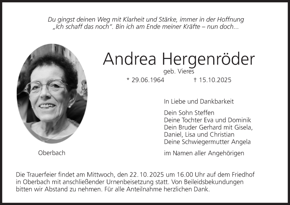  Traueranzeige für Andrea Hergenröder vom 18.10.2025 aus MGO
