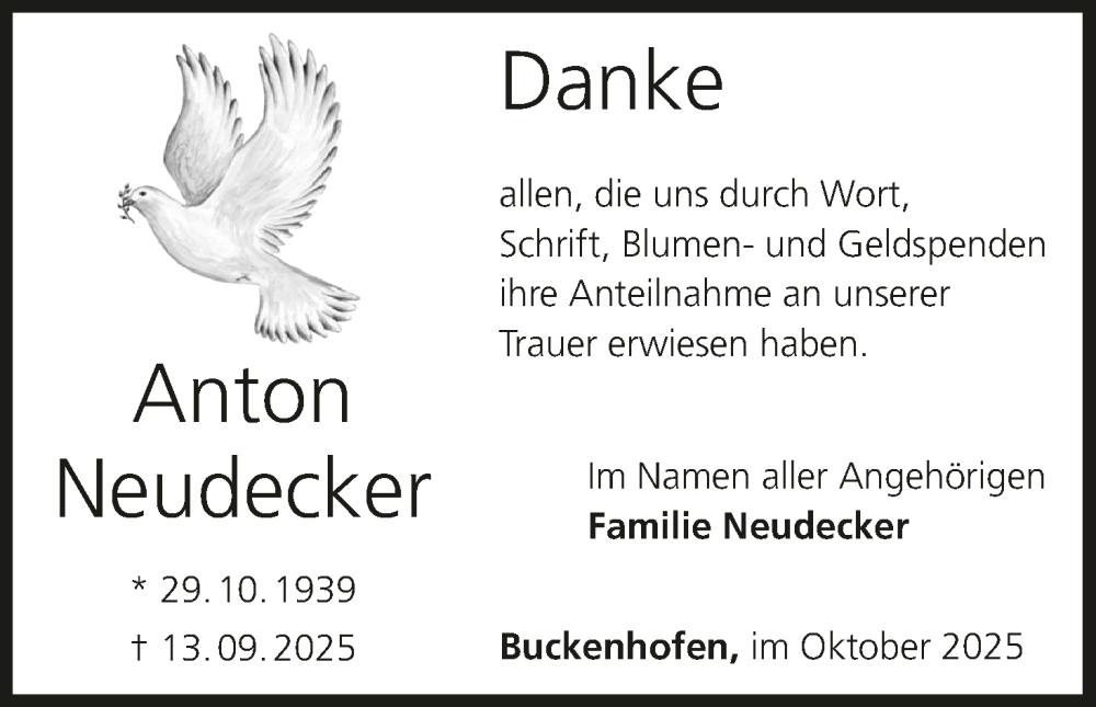  Traueranzeige für Anton Neudecker vom 04.10.2025 aus MGO