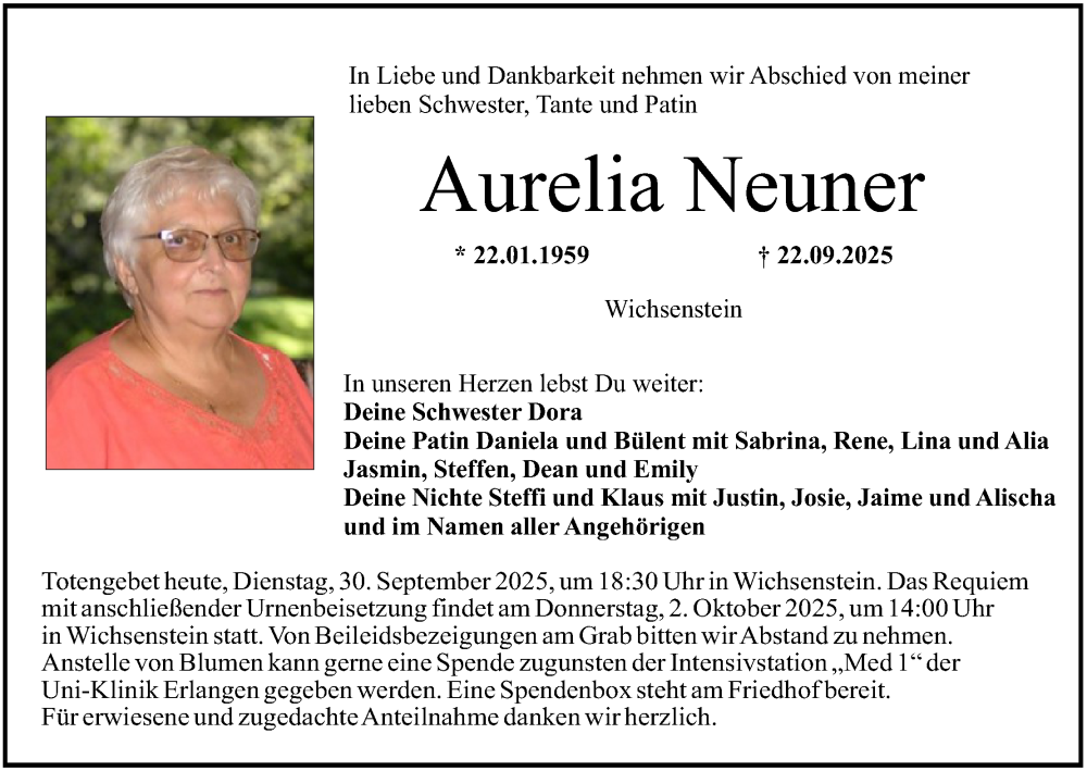  Traueranzeige für Aurelia Neuner vom 30.09.2025 aus MGO
