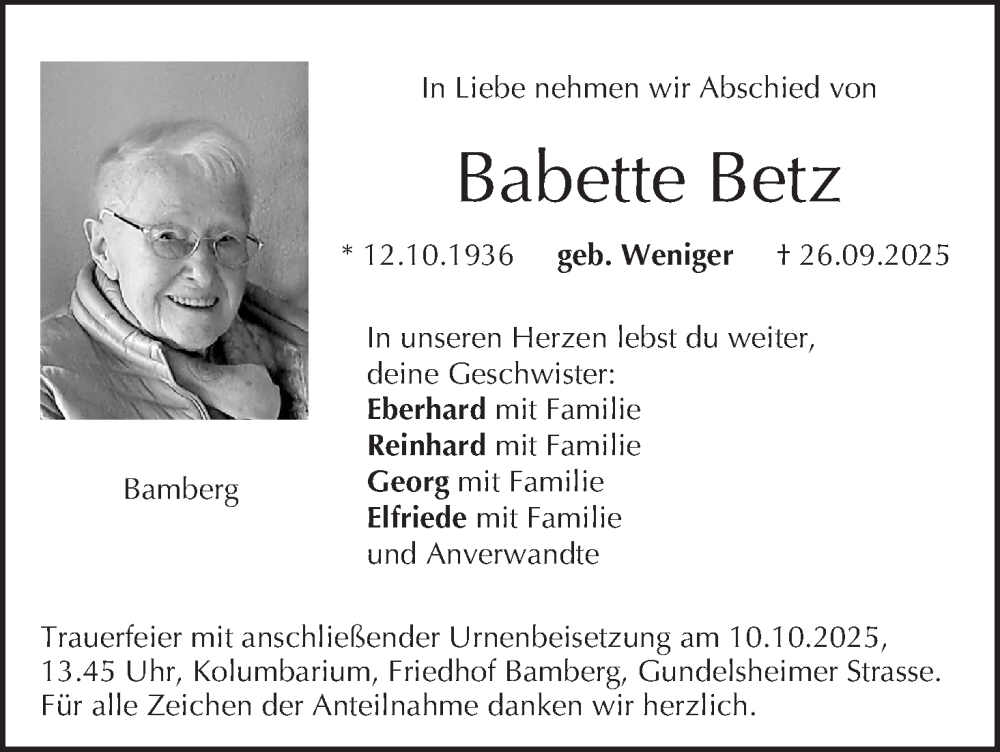  Traueranzeige für Babette Betz vom 04.10.2025 aus MGO