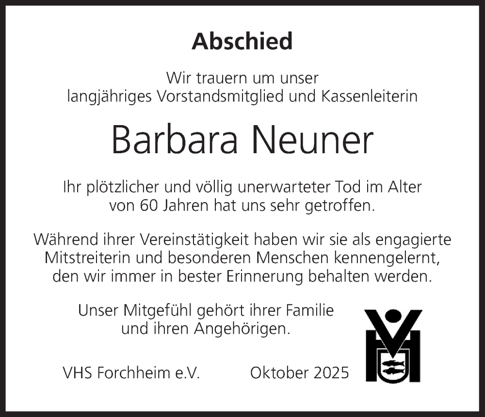  Traueranzeige für Barbara Neuner vom 17.10.2025 aus MGO