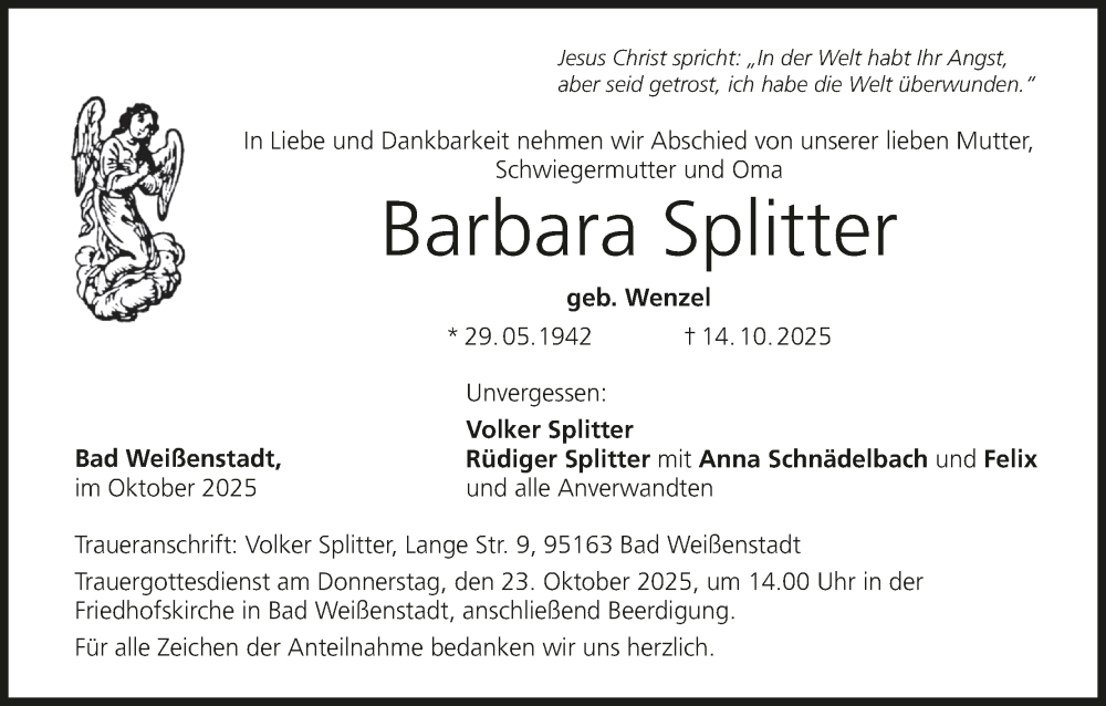  Traueranzeige für Barbara Splitter vom 18.10.2025 aus MGO