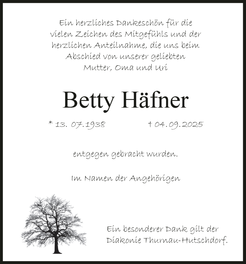  Traueranzeige für Betty Häfner vom 11.10.2025 aus MGO