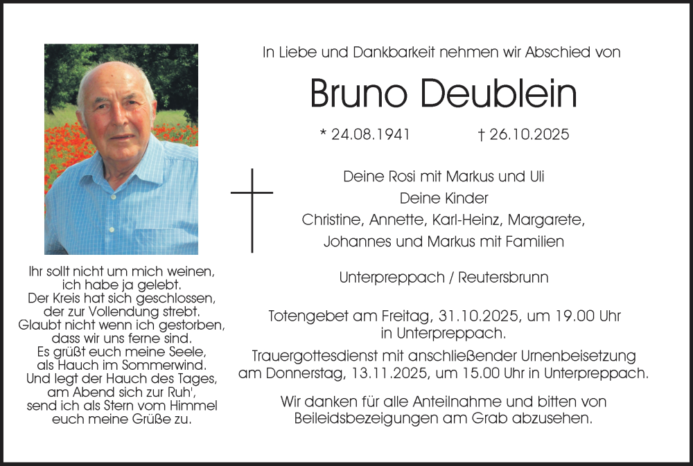  Traueranzeige für Bruno Deublein vom 29.10.2025 aus MGO