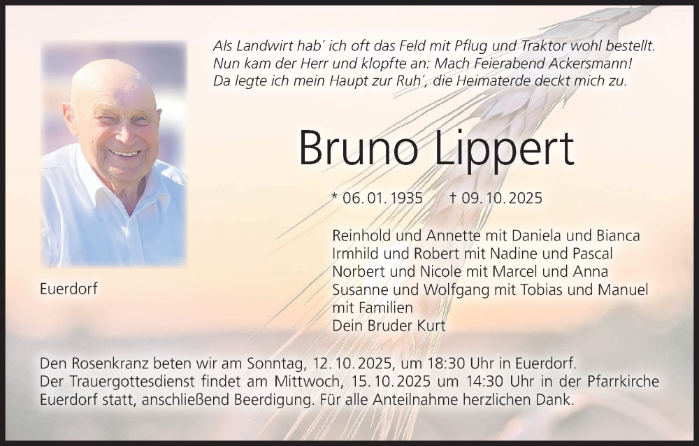  Traueranzeige für Bruno Lippert vom 11.10.2025 aus MGO