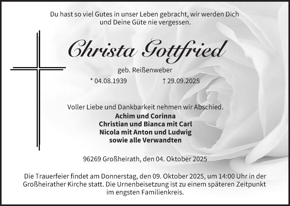  Traueranzeige für Christa Gottfried vom 04.10.2025 aus MGO