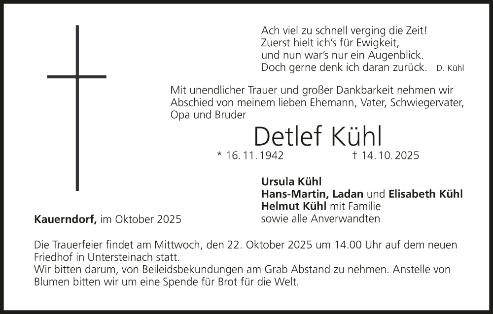  Traueranzeige für Detlef Kühl vom 18.10.2025 aus MGO