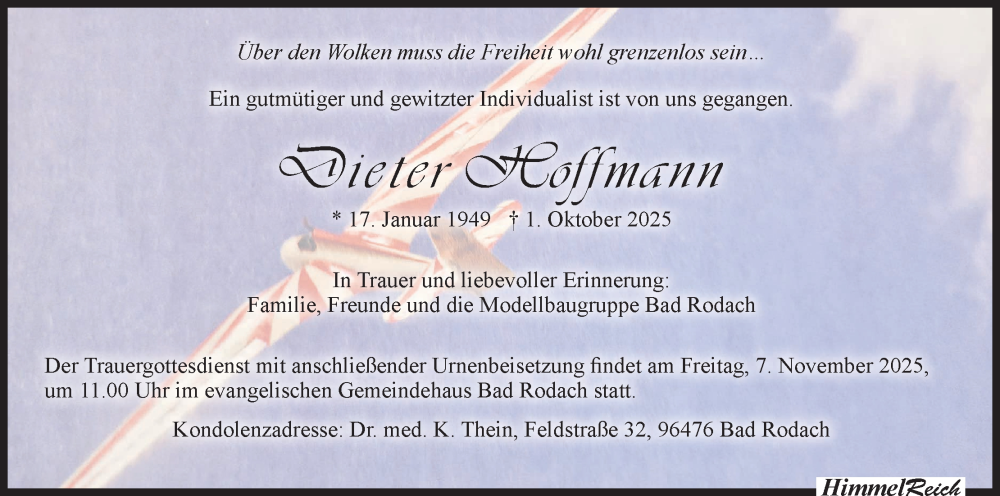  Traueranzeige für Dieter Hoffmann vom 18.10.2025 aus MGO