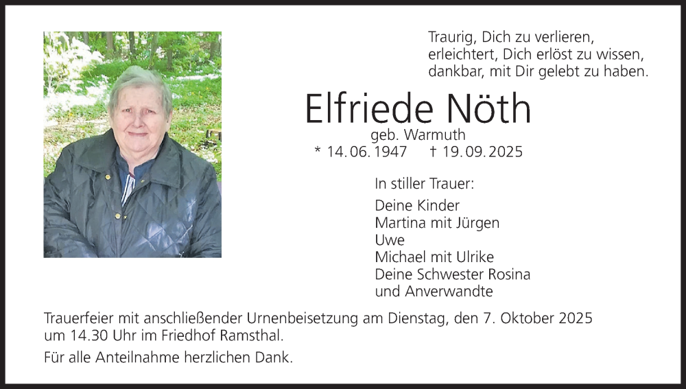  Traueranzeige für Elfriede Nöth vom 04.10.2025 aus MGO