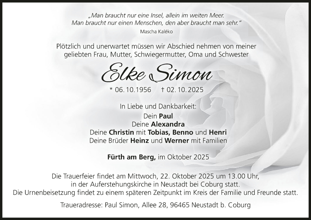  Traueranzeige für Elke Simon vom 18.10.2025 aus MGO