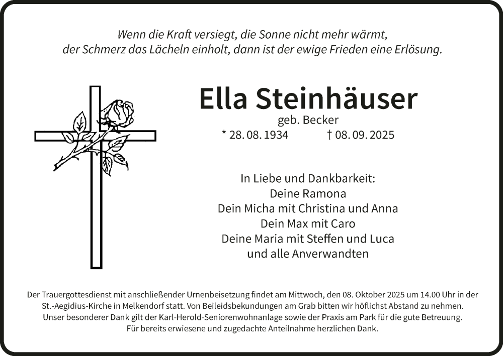  Traueranzeige für Ella Steinhäuser vom 04.10.2025 aus MGO