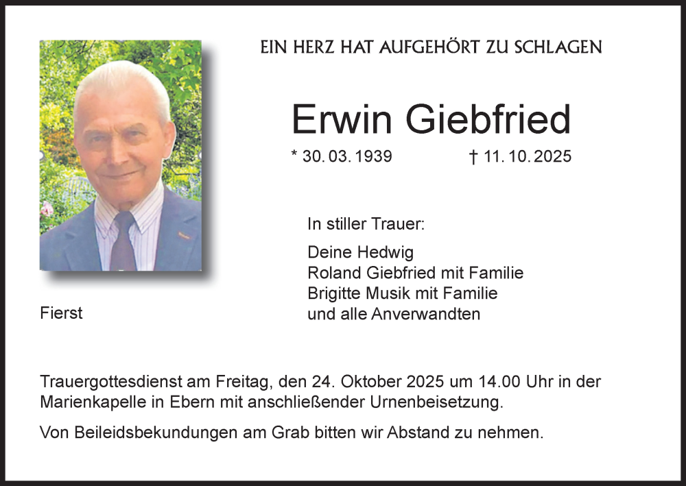  Traueranzeige für Erwin Giebfried vom 18.10.2025 aus MGO