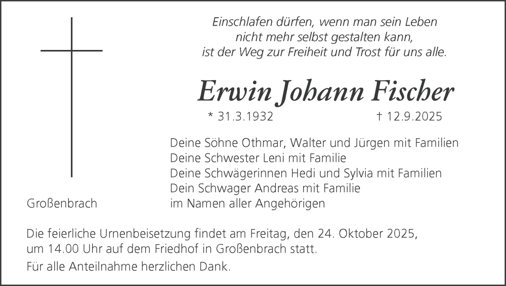  Traueranzeige für Erwin Johann Fischer vom 11.10.2025 aus MGO