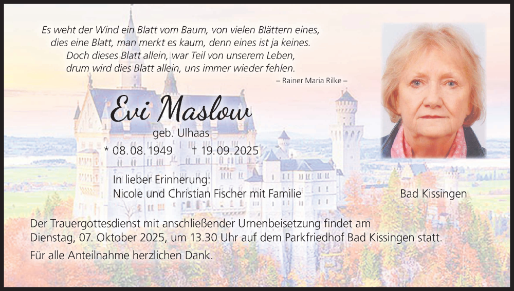  Traueranzeige für Evi Maslow vom 04.10.2025 aus MGO