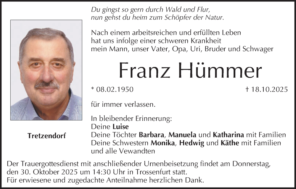  Traueranzeige für Franz Hümmer vom 25.10.2025 aus MGO