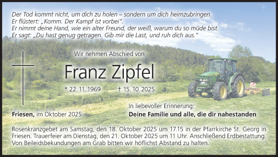 Anzeige von Franz Zipfel von MGO