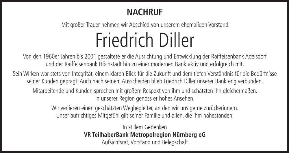  Traueranzeige für Friedrich Diller vom 17.10.2025 aus MGO