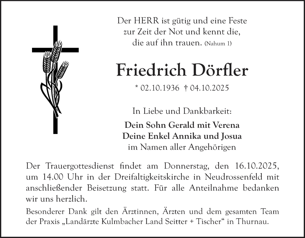  Traueranzeige für Friedrich Dörfler vom 11.10.2025 aus MGO