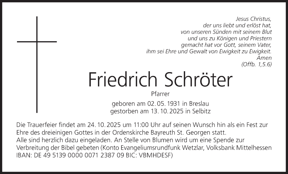  Traueranzeige für Friedrich Schröter vom 18.10.2025 aus MGO